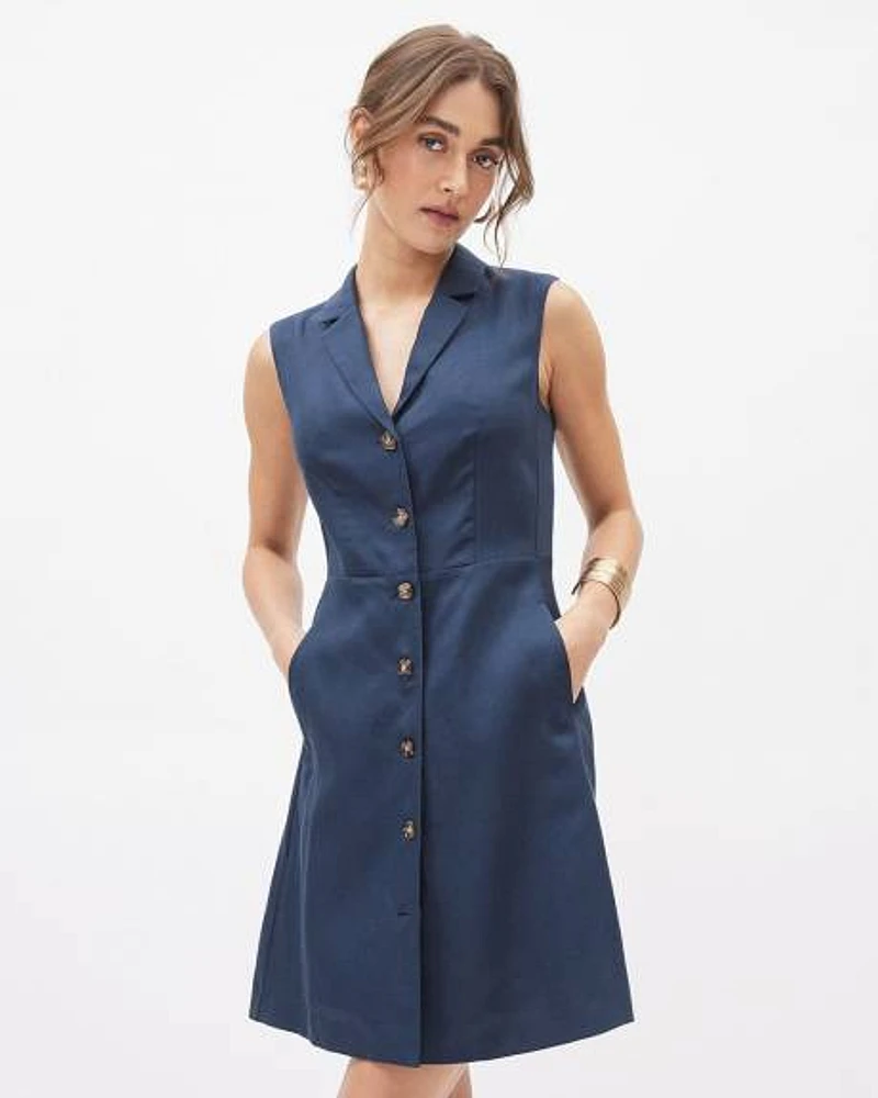 Buttoned-Down Sleeveless Linen-Blend Dress with Tailored Collar