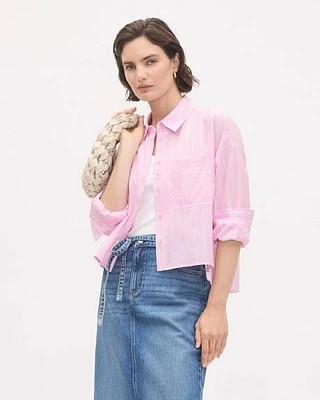 Blouse Boutonnée Courte en Popeline Rayée à Manches Longues