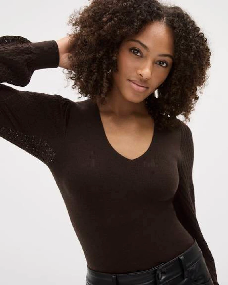 Long-Puffy-Sleeve V-Neck Sweater with Pointelle Stitches