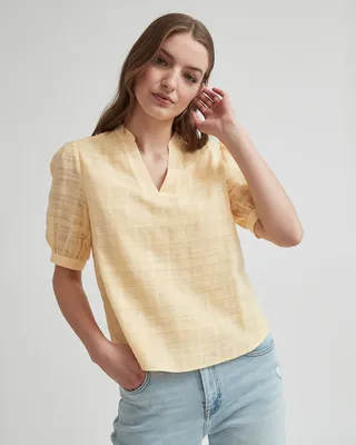 V-Neck Popover Blouse with Short Puffy Sleeves