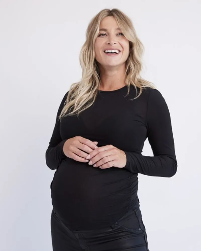 RW&CO. - Black Shirred Sheer Top with Long Sleeves Thyme Maternity
