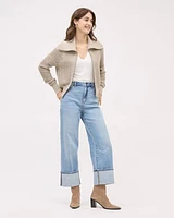 Medium-Wash Ultra-High-Rise Straight-Leg Jeans with Rolled Cuffs