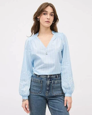 Blouse Rayée à Manches Longues et Col V Détails Brodés