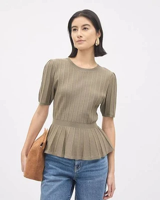 Elbow-Sleeve Crew-Neck Peplum Sweater