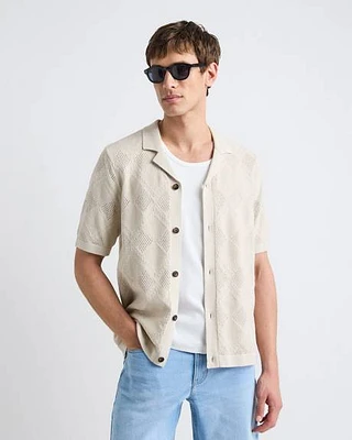 Short-Sleeve Buttoned-Down Argyle Sweater with Camp Collar