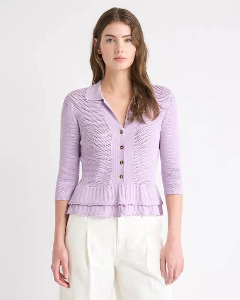 Cardigan à Col Polo et Ourlet Volants