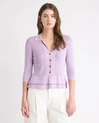 Cardigan à Col Polo et Ourlet Volants