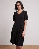 Short-Sleeve Fit and Flare Dress with V Neckline