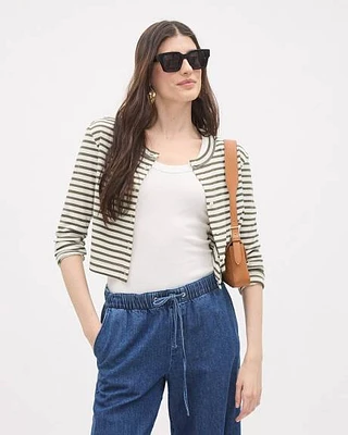 Striped Long-Sleeve Crew-Neck Ribbed Buttoned-Down Top