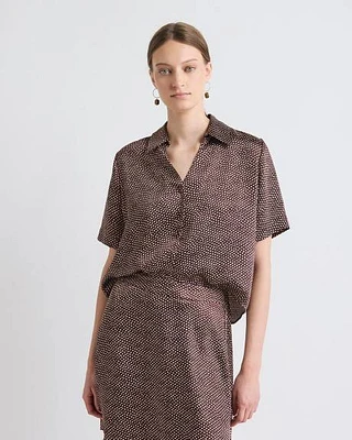 Blouse Boutonnée en Satin à Pois Manches Courtes