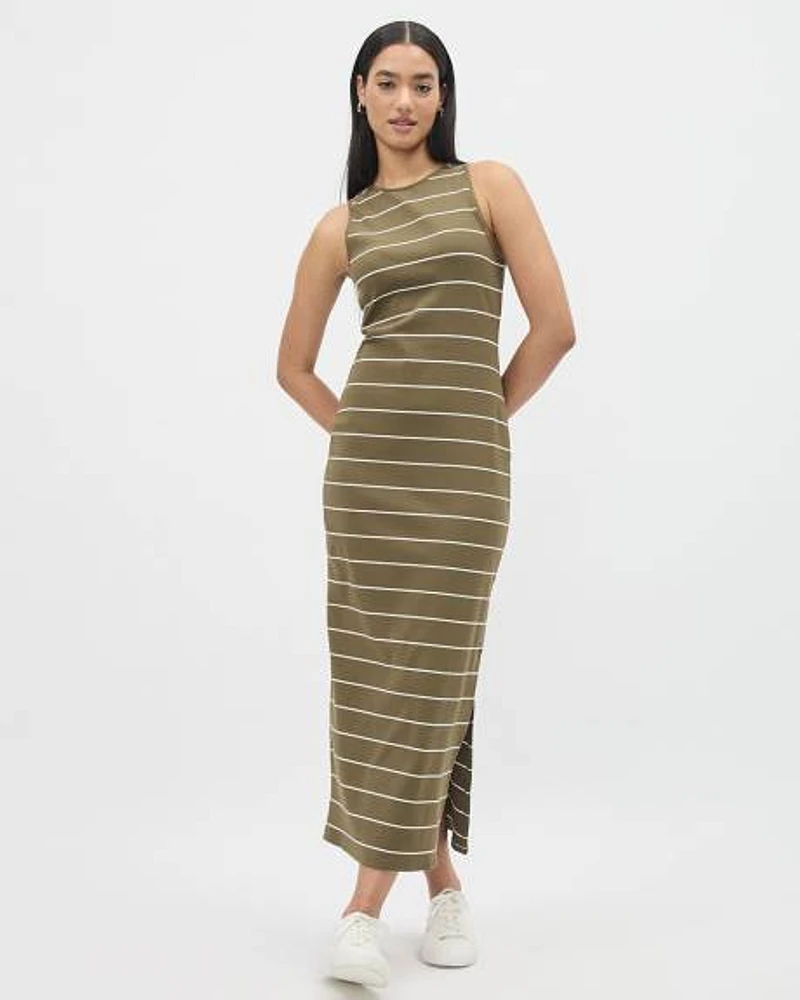 Sleeveless Crew-Neck Bodycon Dress with Stripes