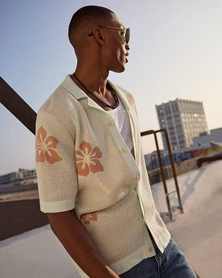 Short-Sleeve Floral Sweatshirt with Camp Collar