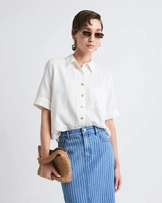 Blouse en Mélange de Lin à Manches Courtes et Col Chemisier