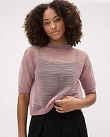 Elbow-Sleeve Crew-Neck Sheer Textured Top