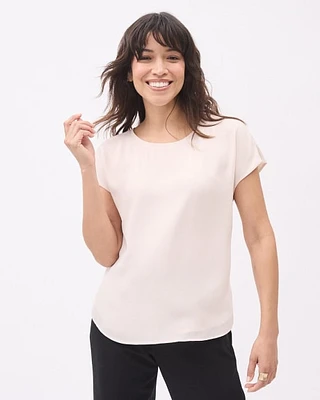 Solid Short-Sleeve Crew-Neck Silky Crepe Blouse