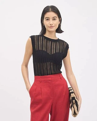 Extended-Sleeve Crew-Neck Open-Stitch Sweater