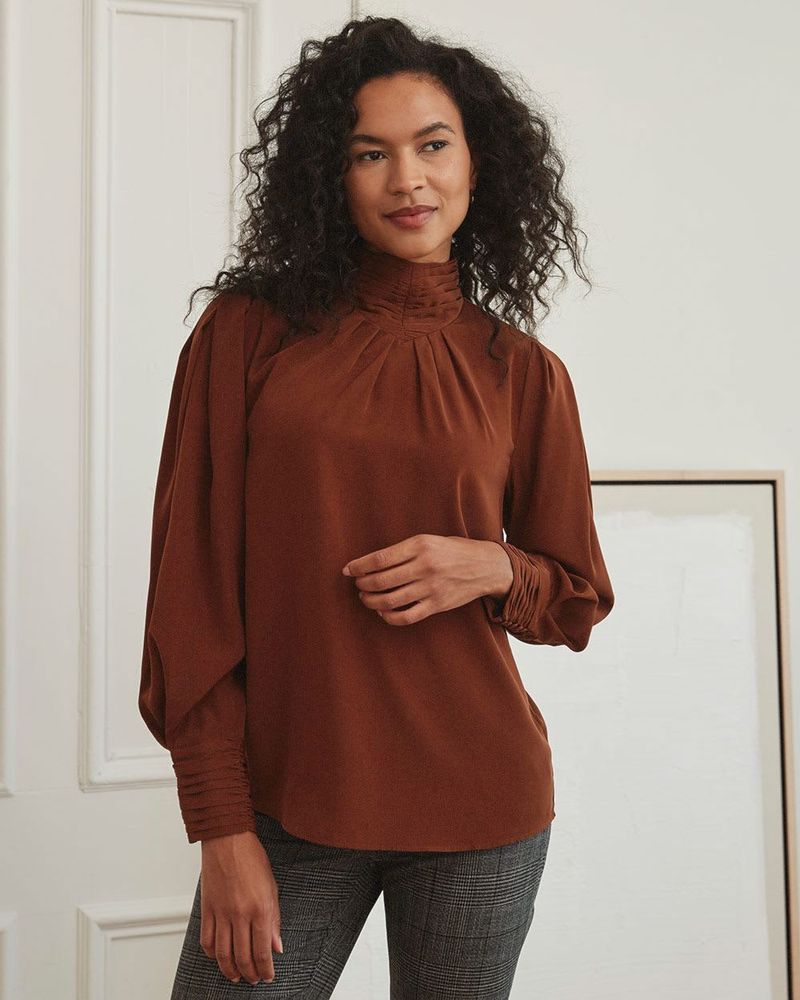 RWu0026Co Silky Pleated High-Neck Long Sleeve Blouse women | Coquitlam Centre