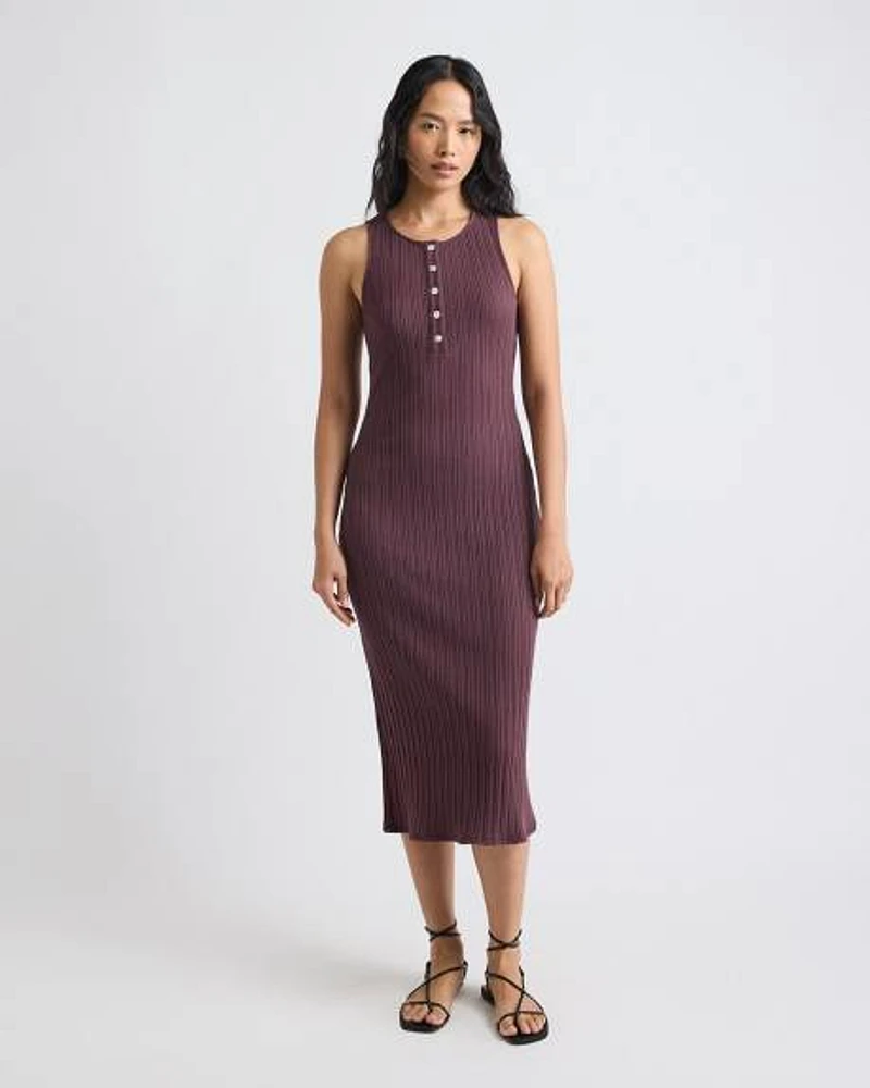 Sleeveless Crew-Neck Ribbed Midi Dress with Buttoned Placket