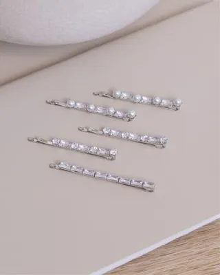 RW&CO. - Silver Hair Pins with Zirconias and Pearls - Set of 5 - Silver - 1SIZE