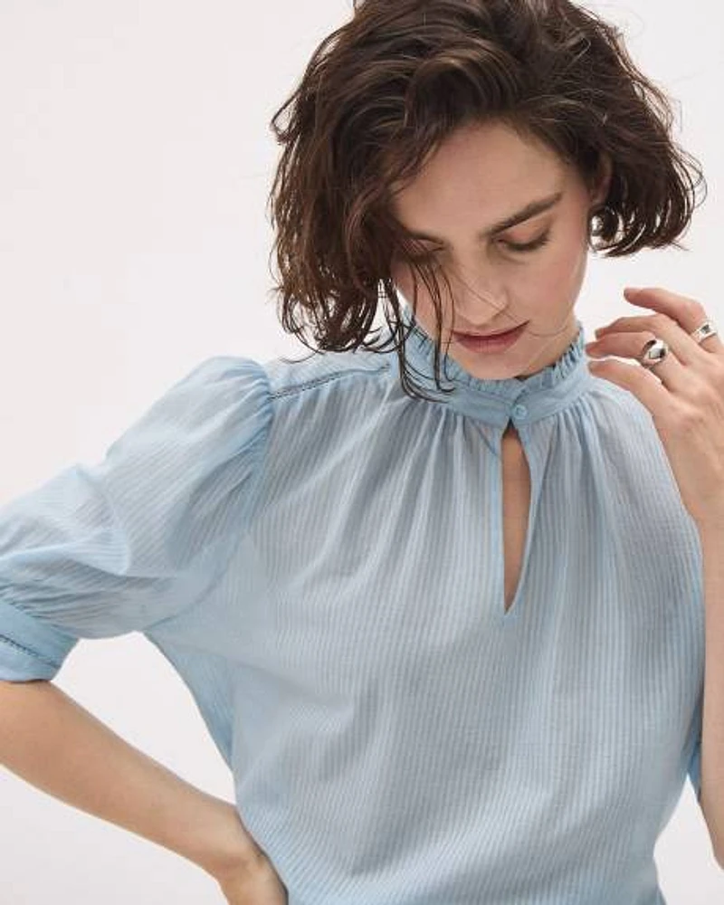 Short-Puffy-Sleeve Popover Gauze Blouse