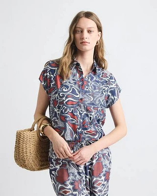 Blouse Boutonnée en Sergé à Manches Très Courtes