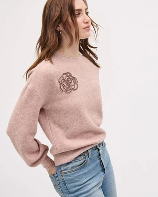 Long-Sleeve Crew-Neck Sweater with Flower Appliqué