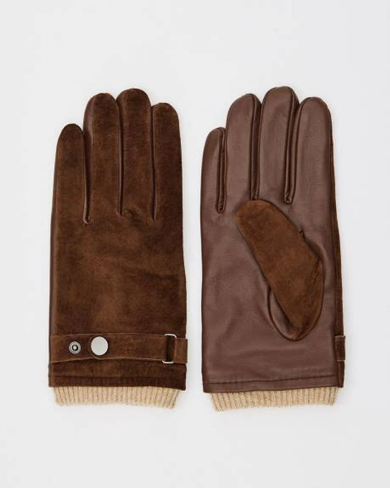 Suede and Leather Gloves with Tab