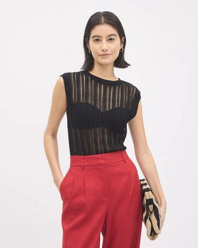 Extended-Sleeve Crew-Neck Open-Stitch Sweater