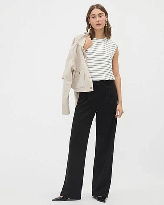 Pantalon Long Noir à Jambe Large et Taille Haute en Tricot Luxe