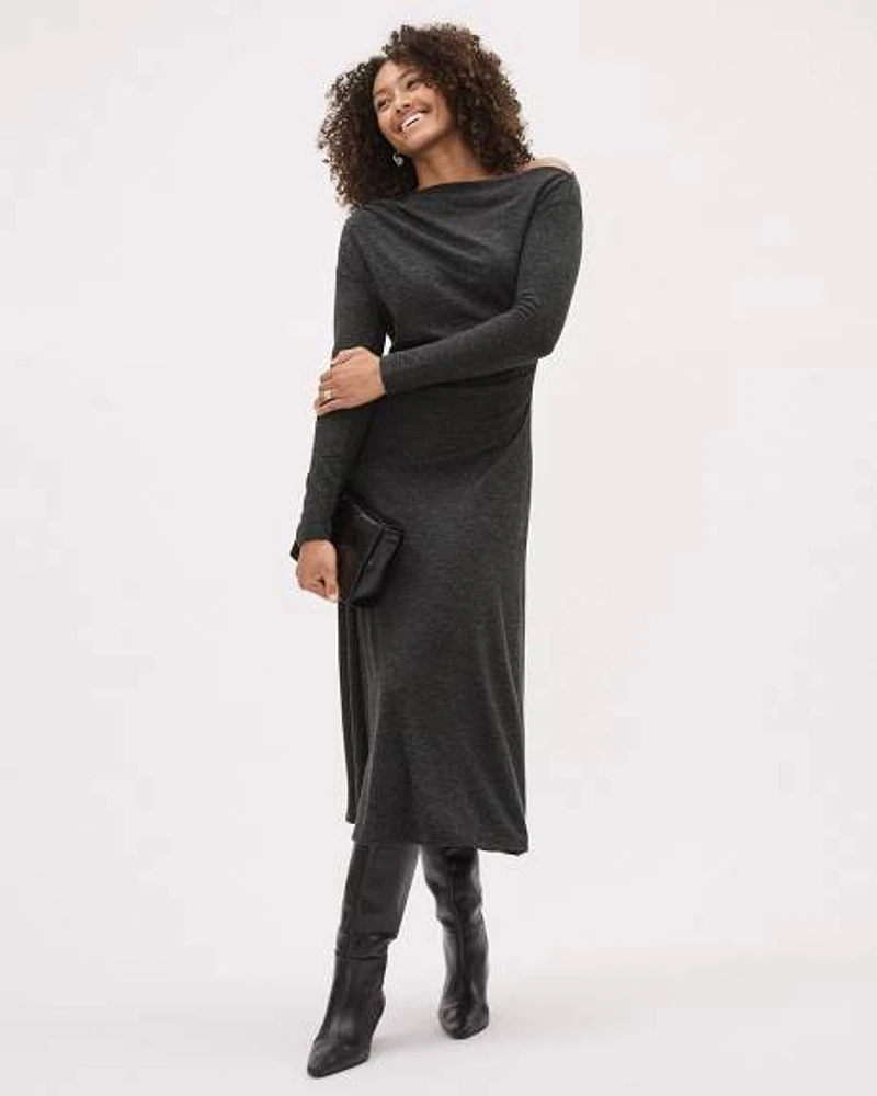 Long-Sleeve Asymmetrical-Neckline Midi Dress