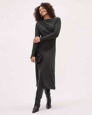 Long-Sleeve Asymmetrical-Neckline Midi Dress