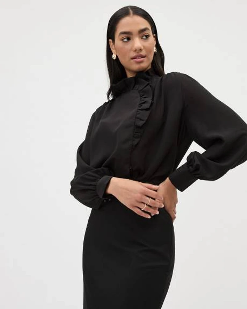 Long-Sleeve Mock-Neck Buttoned-Down Blouse with Ruffles