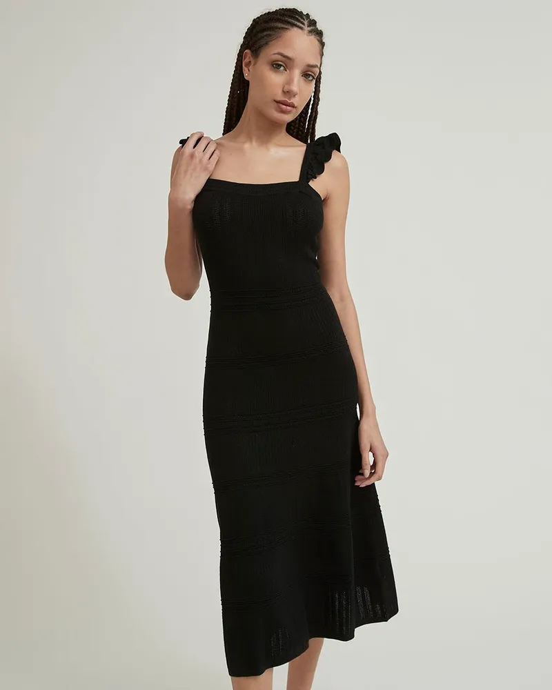 Fancy Stitch Sleeveless Dress with Frilled Shoulders