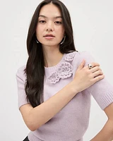 Elbow-Sleeve Crew-Neck Pullover with Flowers