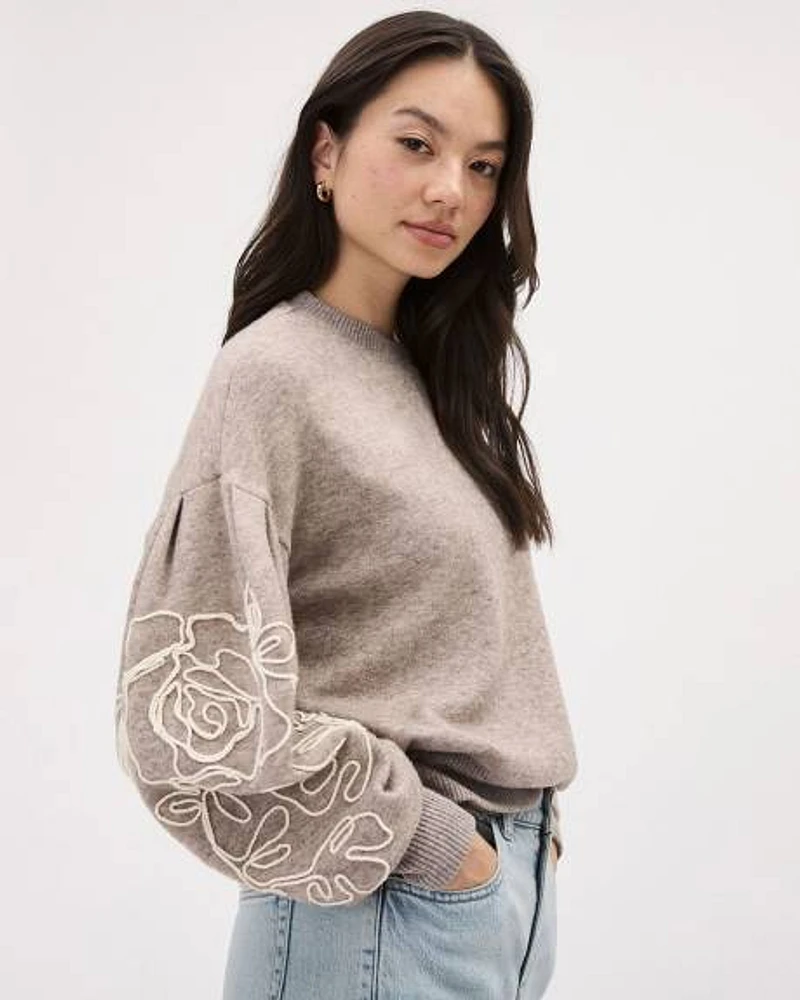 Long-Sleeve Crew-Neck Top with Flowers