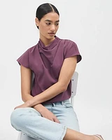 Short-Sleeve Mock-Neck Twill Popover Blouse