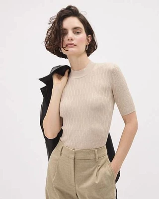 Elbow-Sleeve Mock-Neck Textured Top