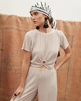 Crinkle Knit Crew-Neck Cropped T-Shirt with Ring Detail