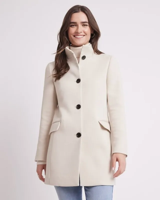 Classic Herringbone Wool Coat with Mock Neckline