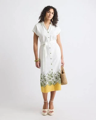 Robe Midi en Mélange de Lin à Manches Courtes et Col Chemisier