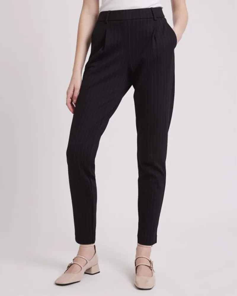 Pantalon en Tricot Rayé à Jambe Fuselée et Taille Mi-Haute