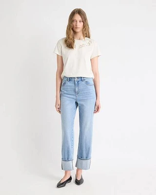 Medium-Wash Ultra-High-Rise Straight-Leg Jeans with Rolled Cuffs
