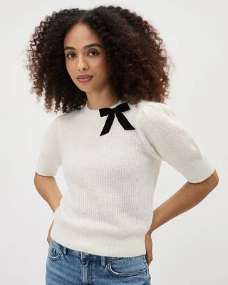 Elbow-Sleeve Crew-Neck Pullover with Bow