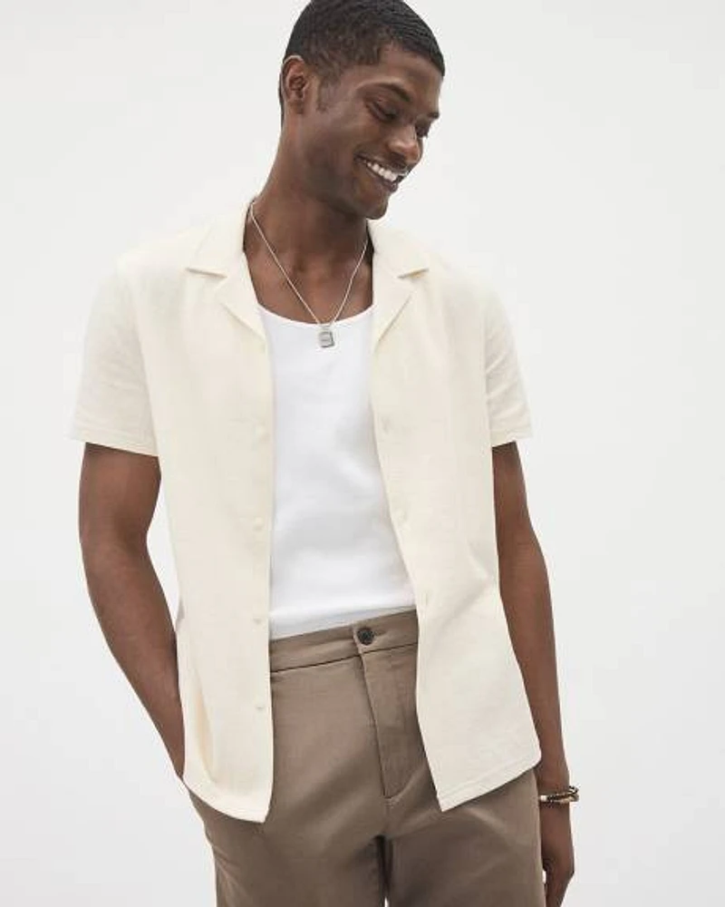 Chemise Blanche en Tricot à Coupe Étroite Manches Courtes et Col Camp