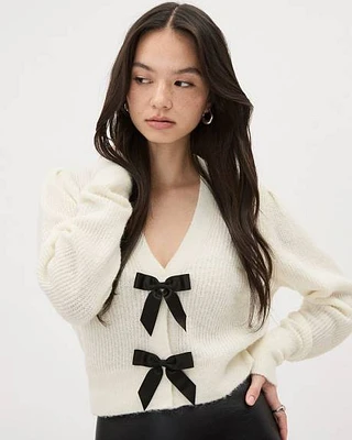 Long-Sleeve V-Neck Cardigan with Bows