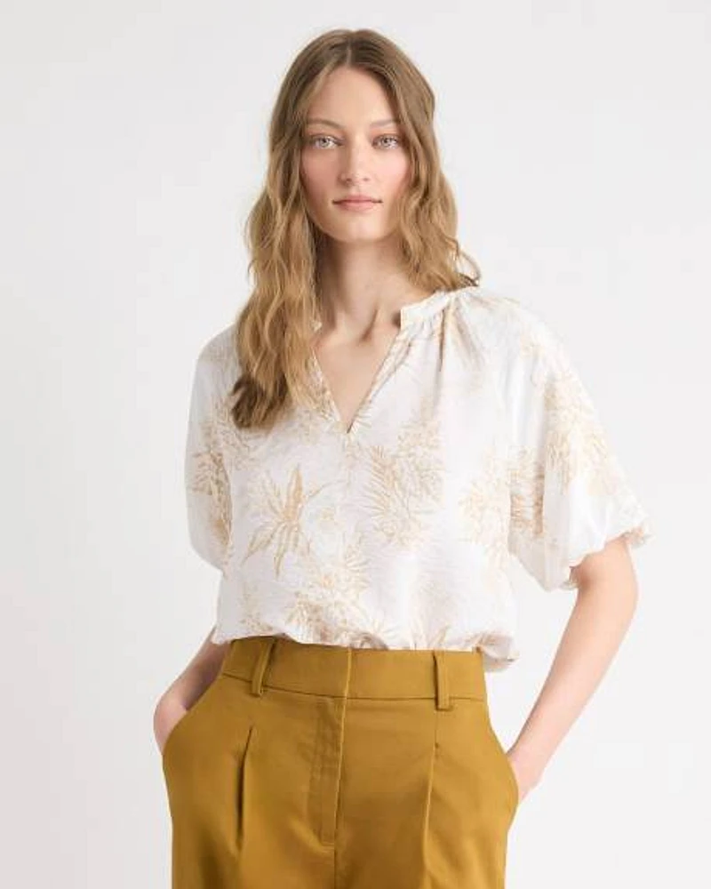 Blouse à Col V et Manches Courtes Bouffantes