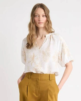 Blouse à Col V et Manches Courtes Bouffantes