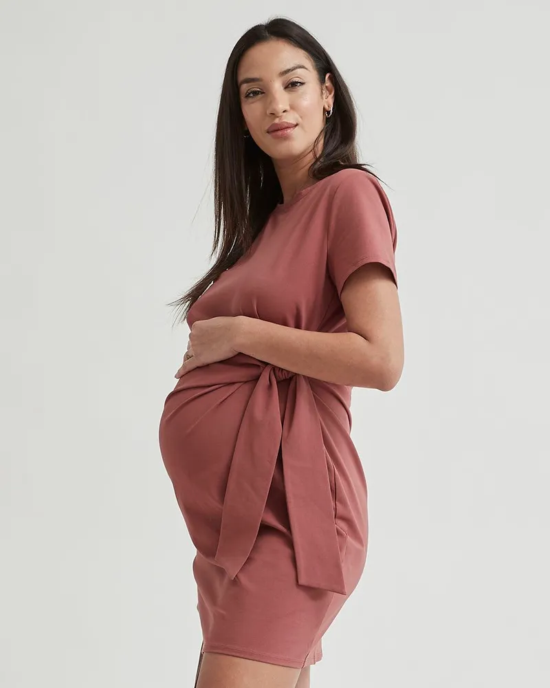 RW&CO Crew-Neck Short Sleeve Dress with Front Tie - Thyme Maternity