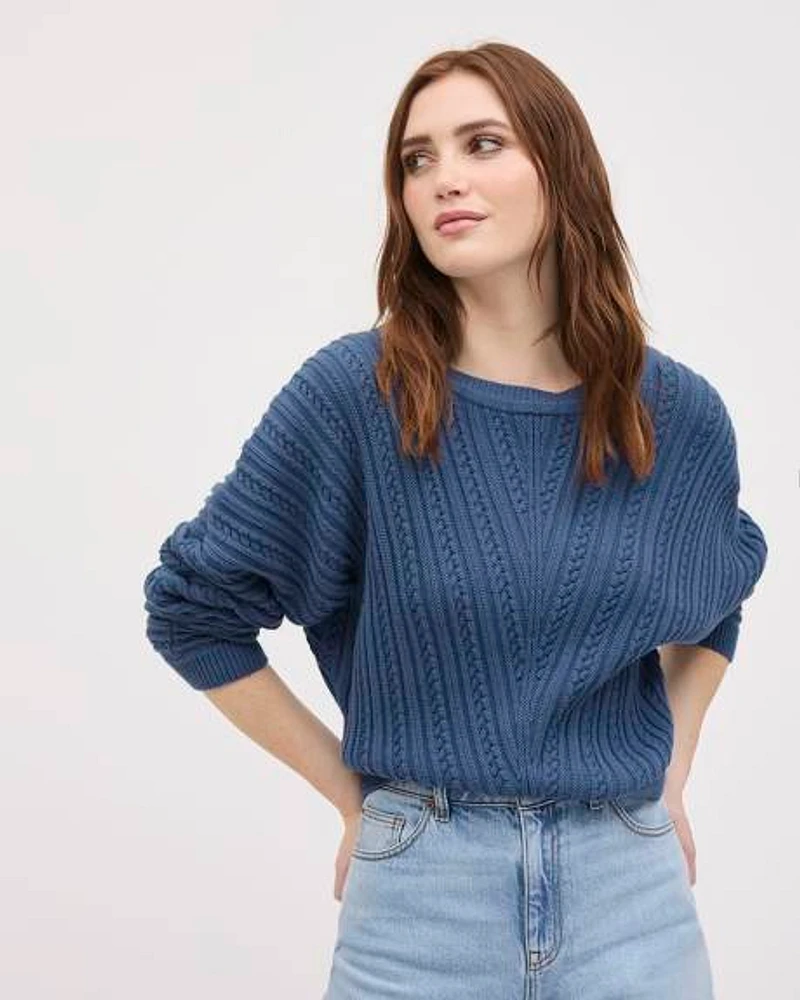 Long-Sleeve Boat-Neck Cotton Sweater