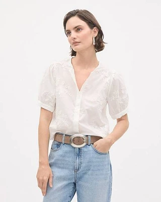 Short-Puffy-Sleeve Buttoned-Down Blouse with 3D Flowers